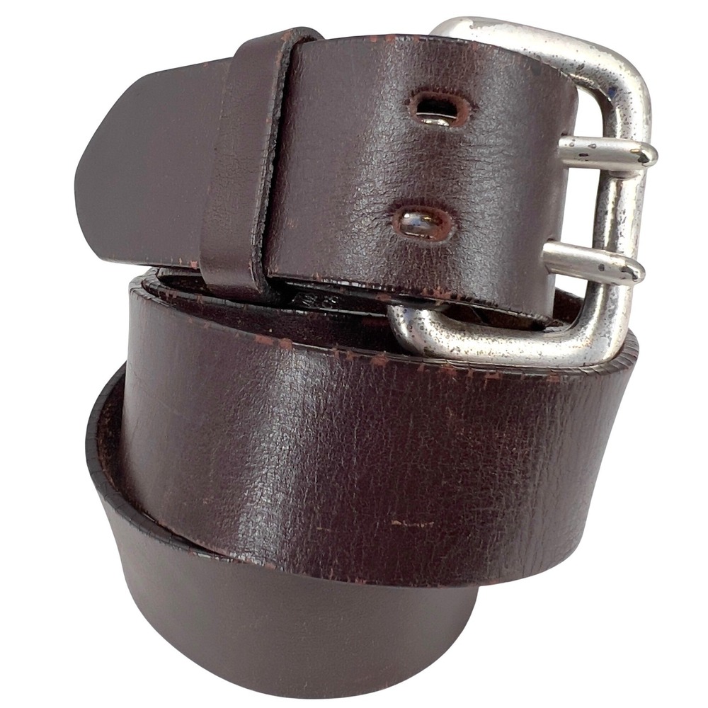 Express Mens Leather Belt Dark Brown Double Prong Buckle Distressed Y2K 35-40 L